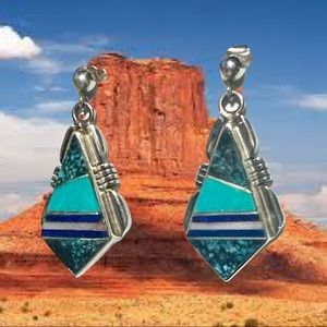 Sterling Silver Spider Web Turquoise, Turquoise, Lapis & Spiny Oyster Earrings.